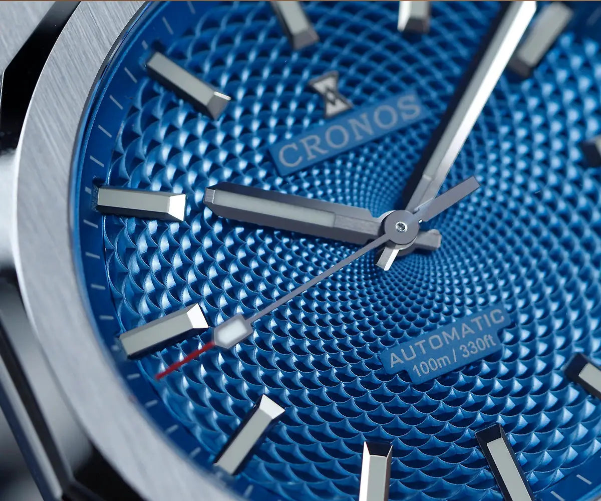 Cronos New Rhombus Perlage 39mm skeleton-dial automatic wristwatch with see-through caseback, blue dial, 10ATM