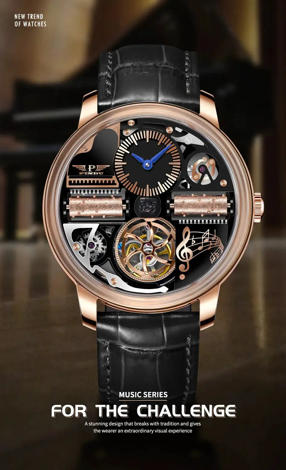 PINDU Music Series skeleton watch with automatic movement, rose-gold case, black leather strap.