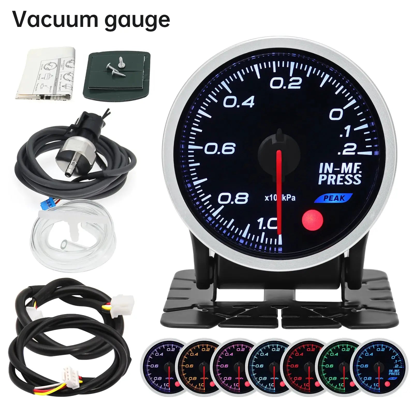 52mm universal 12V racing gauge kit with oil pressure, water temp, EGT, turbo boost; wiring harness; 8 color options