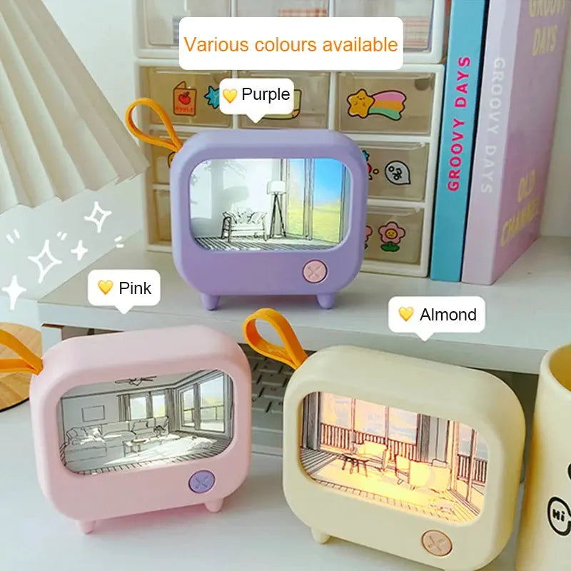 Three pastel LED TV painting night lights for desktop in pink, purple and almond with mini retro screens