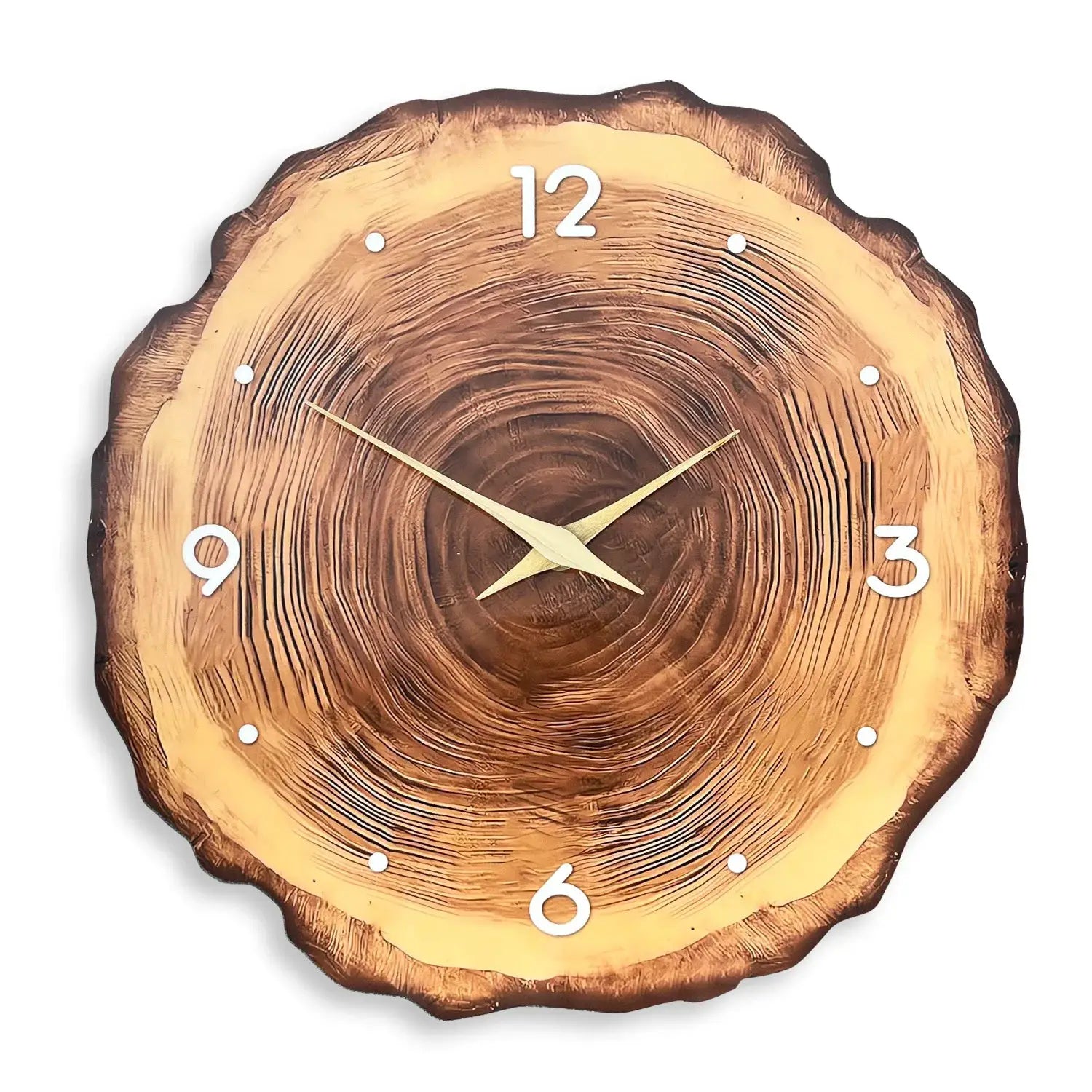 Wooden ring-veneer wall clock with tree-ring texture, white numerals and gold hands, silent movement