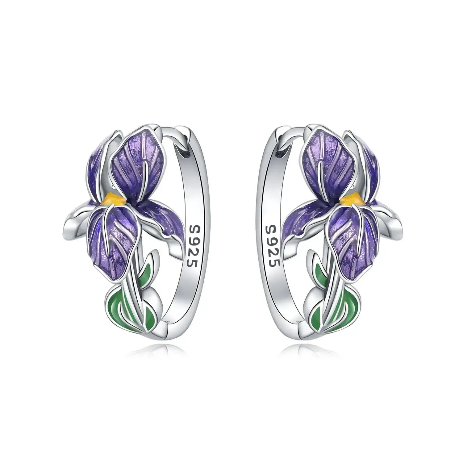 925 Sterling Silver Purple Iris Hoop Earrings With Zircon Flower And Plant Series For Women Gift