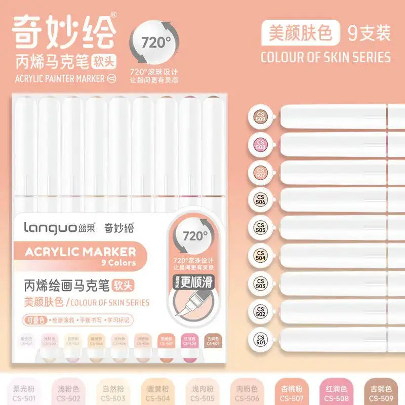 Acrylic marker pens set, 9 colors with soft brush tips, by Simples Market for notebook and diary drawing