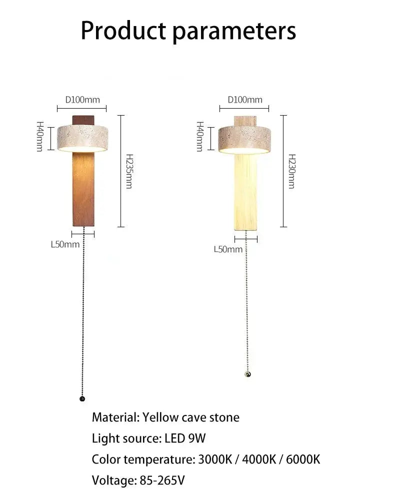 Simples Market bedside wall lamp pair; cream stone cap, wood body, pull switch, rotatable LED