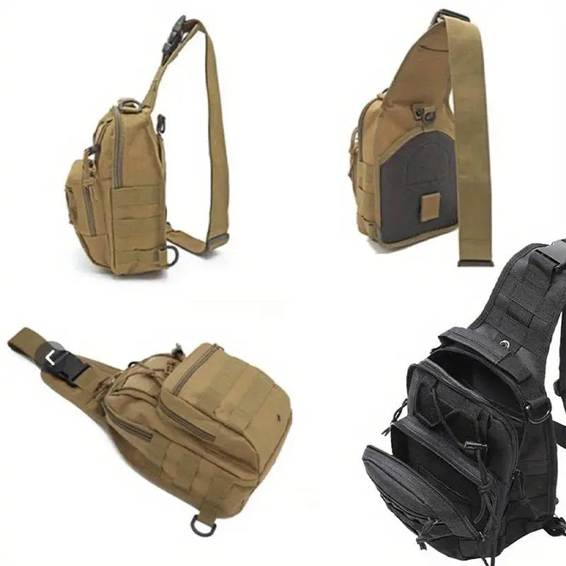Chest bag tactical sling bag by Simples Market; tan and black color variants, multi-pocket outdoor crossbody.