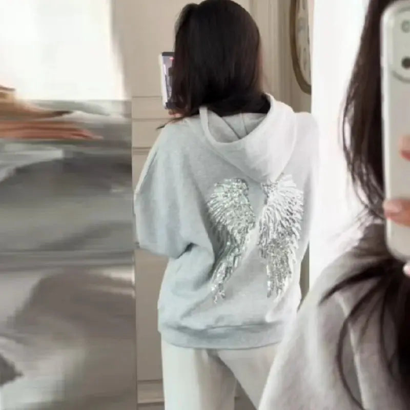 GlamAura Shinny Sequin Angel Wings Hooded Jacket Loose Casual Pullover With Dazzling Embellishments