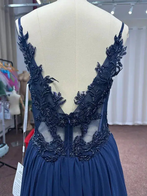Navy Blue Spaghetti Straps A Line Evening Dress Appliques Prom Gown