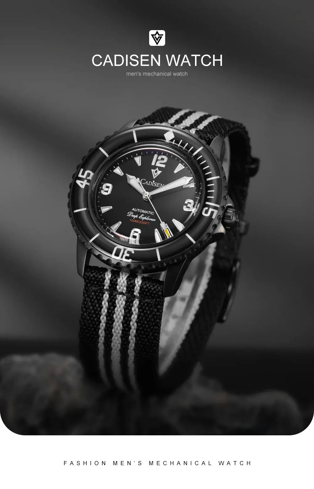 CADISEN men's mechanical watch with black dial and striped canvas strap