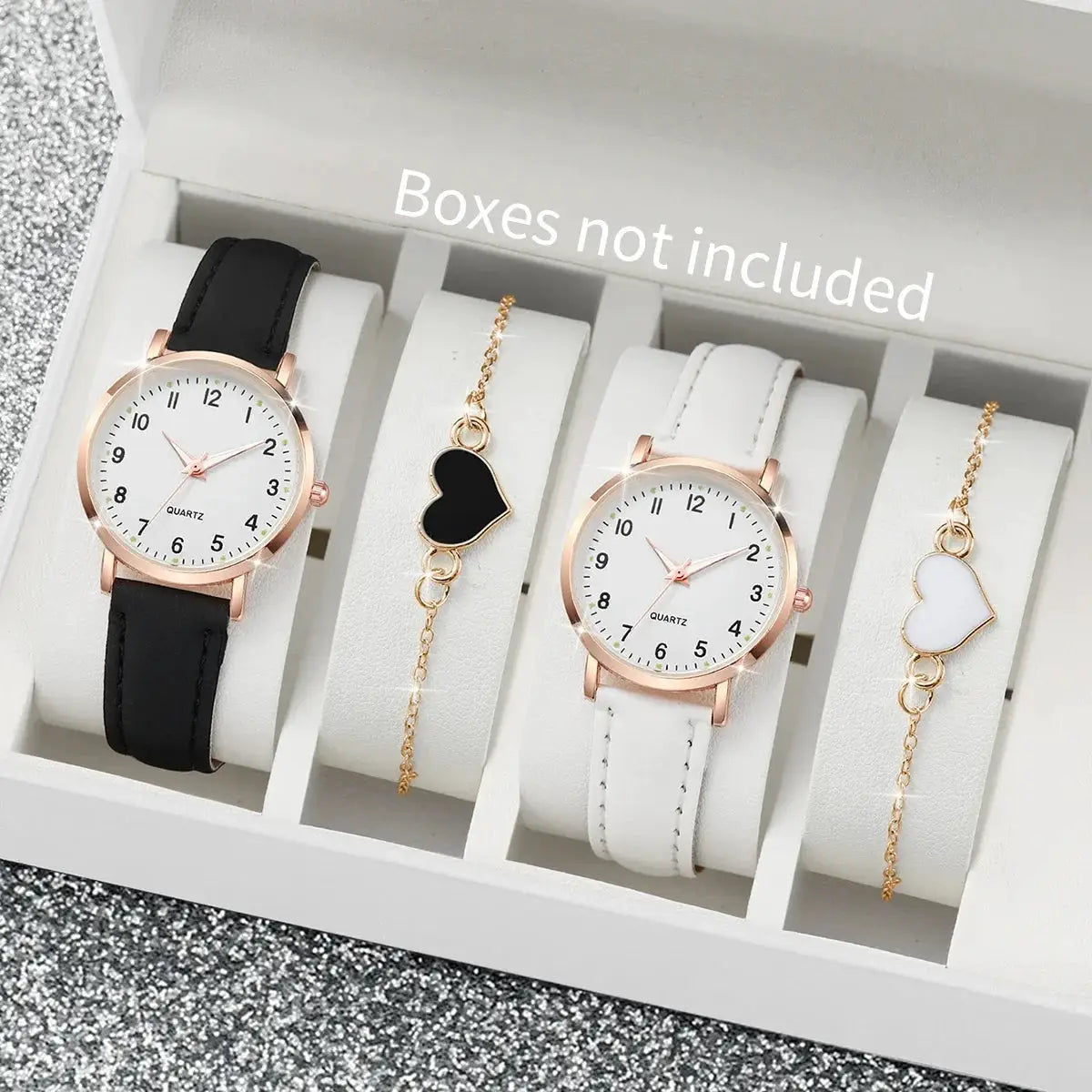 Women's watch and bracelet set by Simples Market; 4-piece with rose-gold quartz watches, Arabic numeral dials, and heart charm bracelets