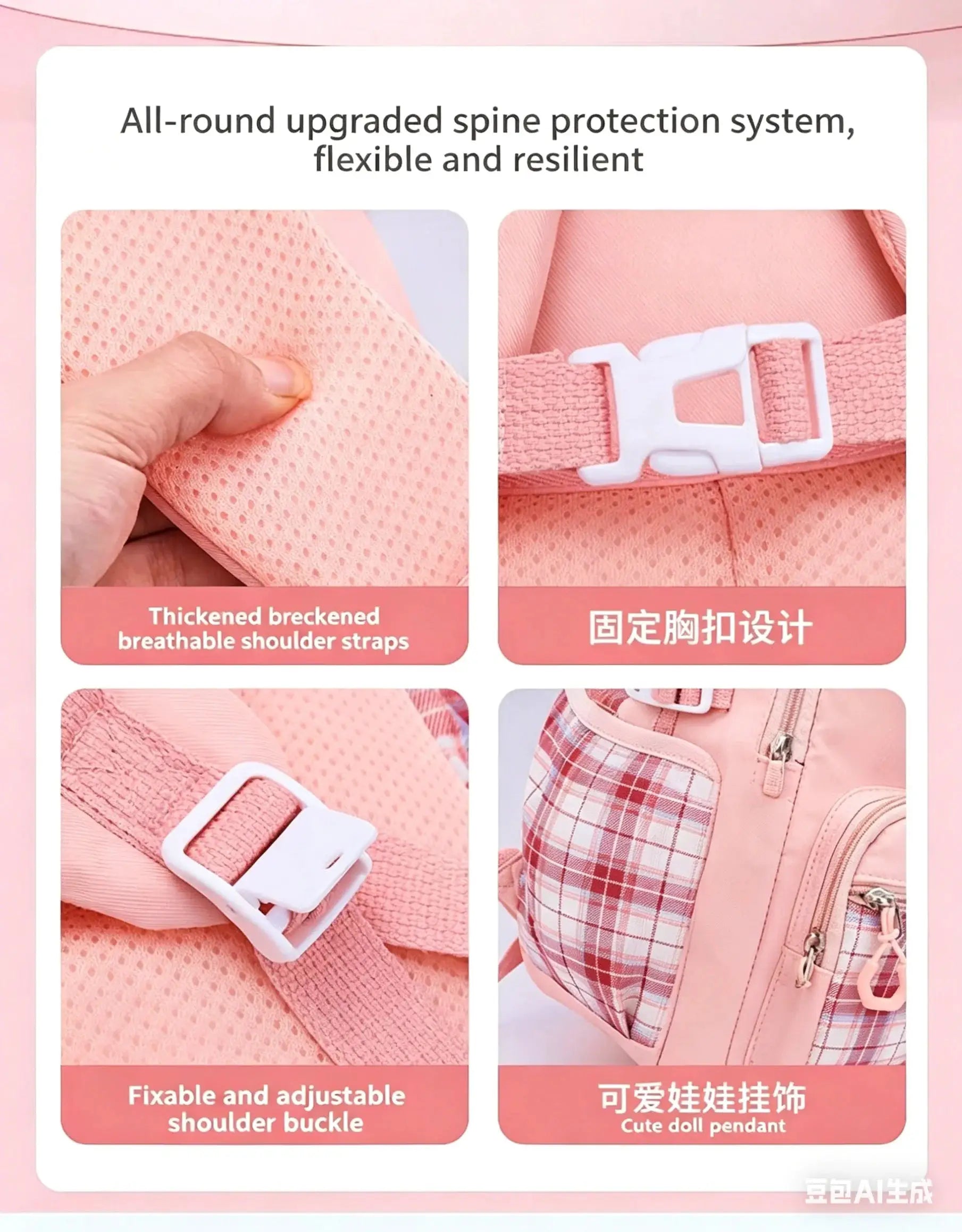Backpack by Simples Market, pink girls' school bag with plaid pocket and doll pendant