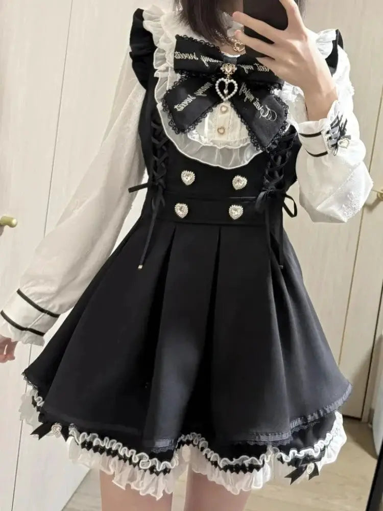 Japanese Gothic Lolita Dress Set Women Harajuku Y2K Bow Lace Ruffles