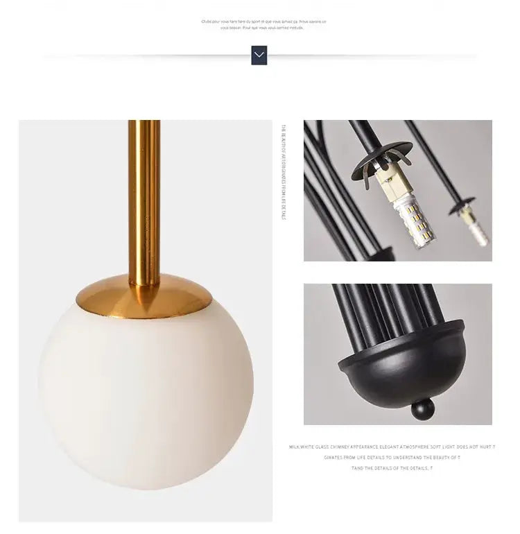 Nordic minimalist pendant light set by Simples Market; white glass globe with gold stem and black cord hardware