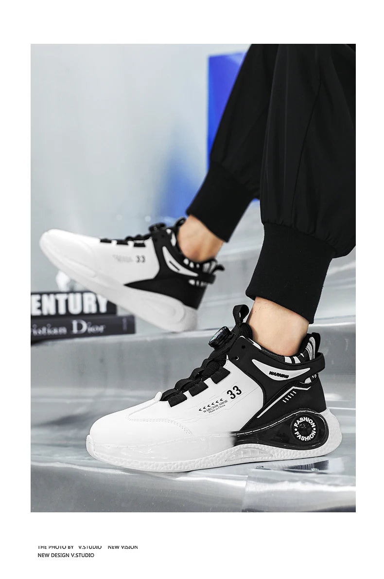 Pair of Mens sneakers by Simples Market in black and white with rotating buckle, lace-up, non-slip sole