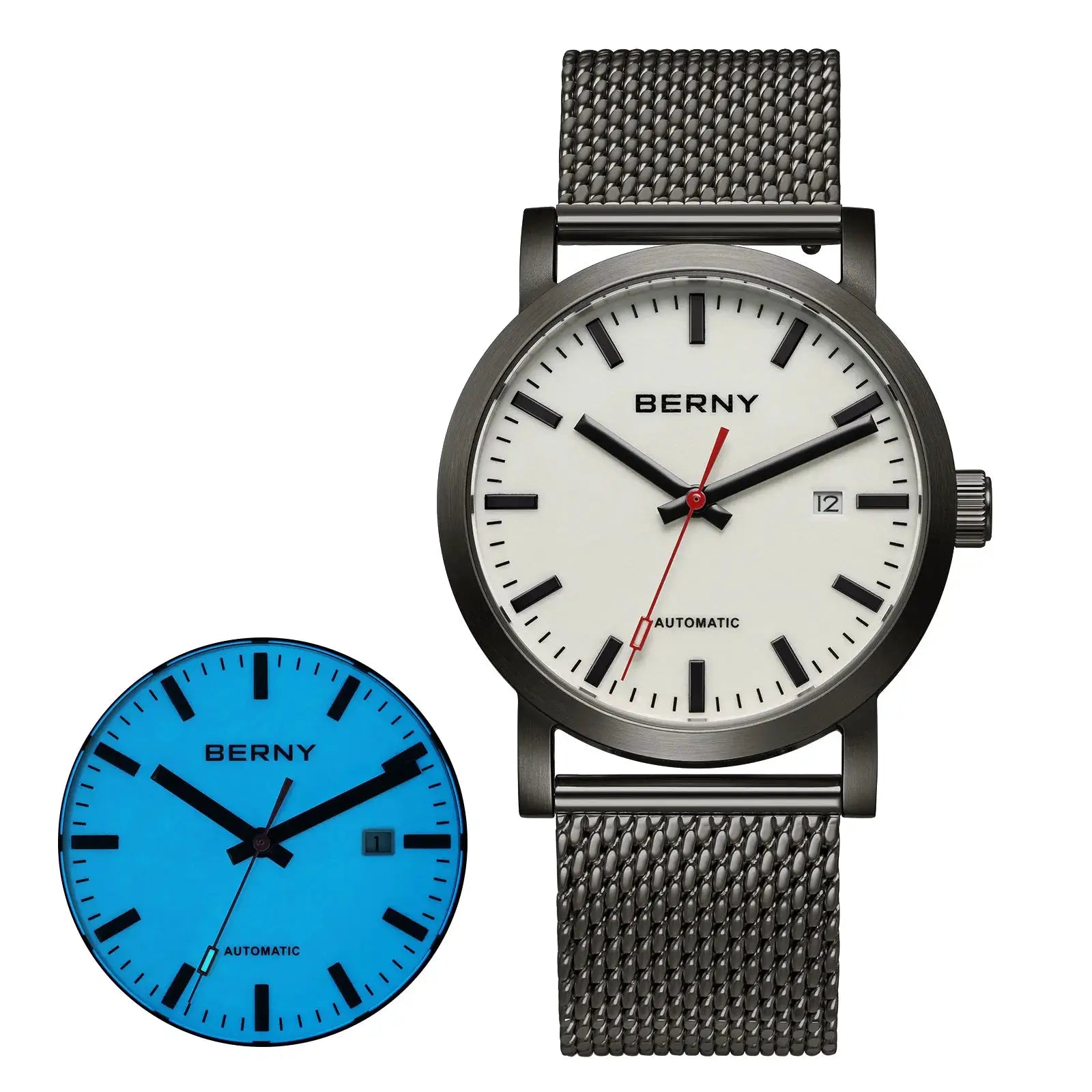 2 BERNY automatic men's watches with stainless steel mesh bands; white and blue dials