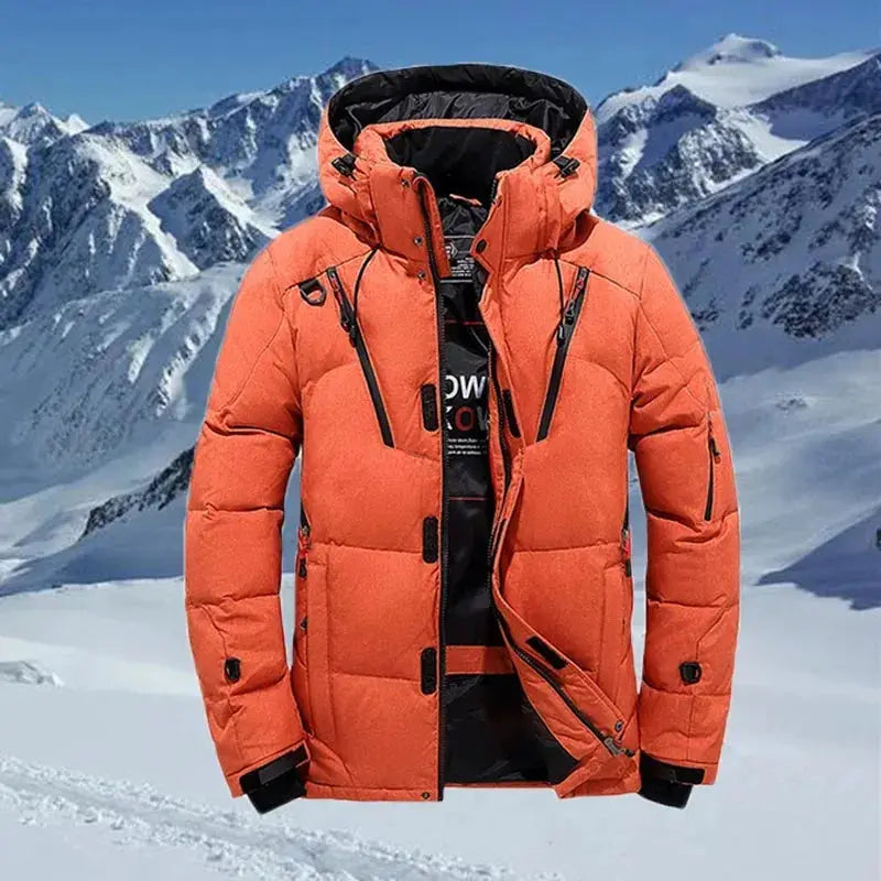 Men's orange Simples Market down puffer jacket with hood and black zippers