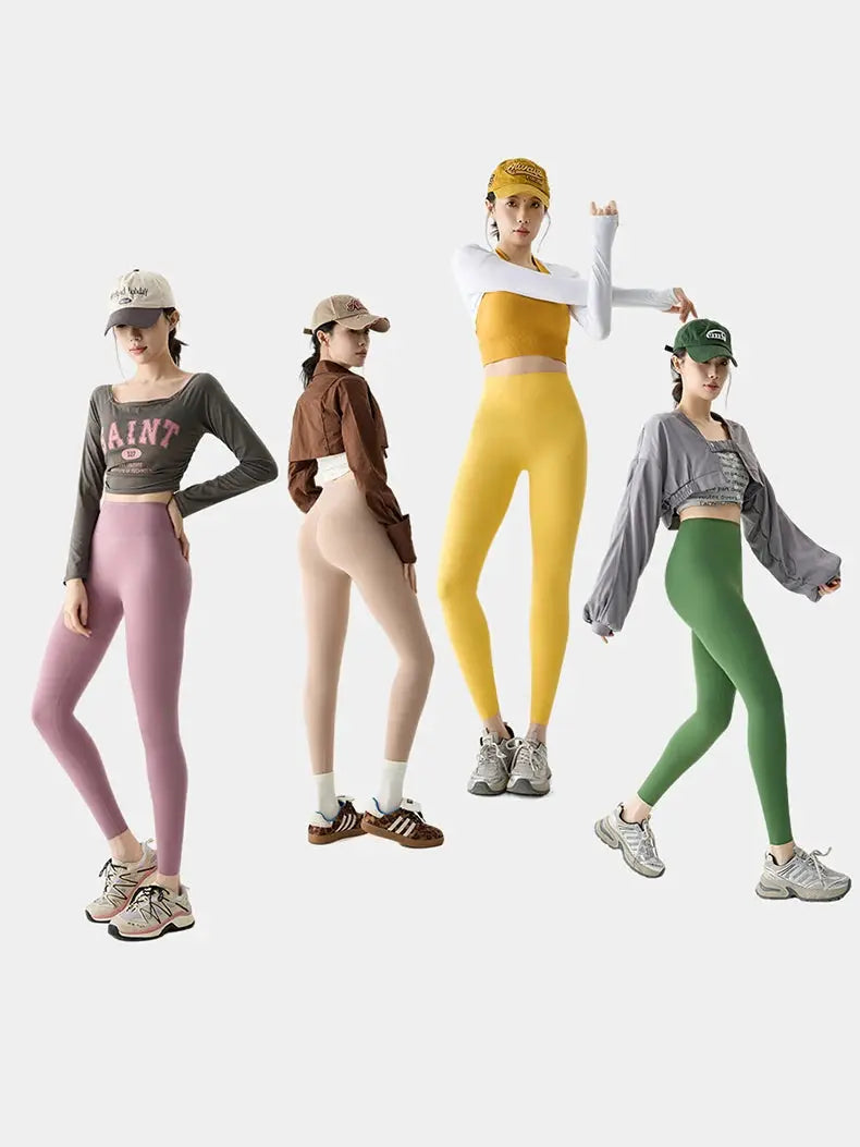 Simples Market BIVIGAOS seamless sharkskin leggings for women; colorful pink, beige, yellow and green on four models