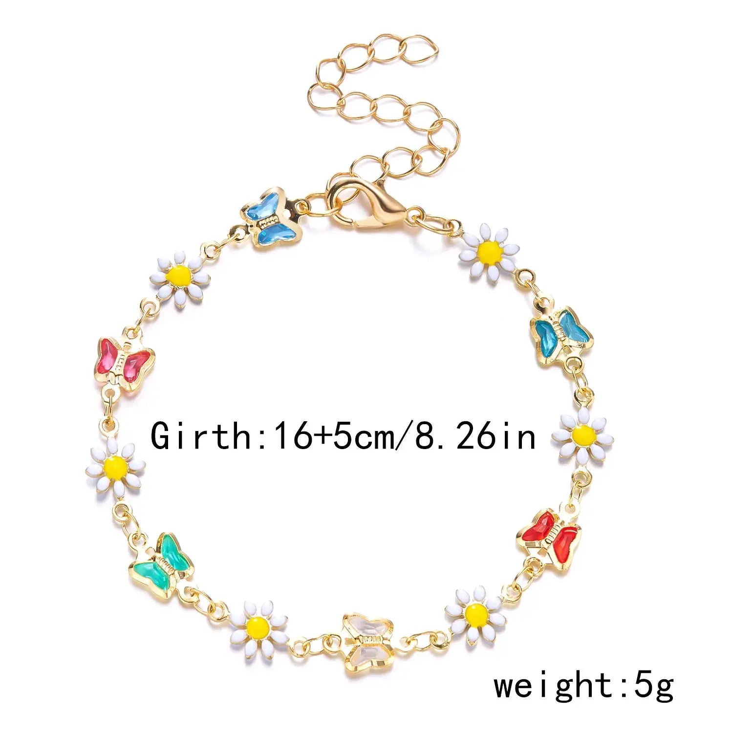 Sweet Daisy Flower bracelet, gold-tone chain with white daisies and multicolor enamel butterfly charms, adjustable
