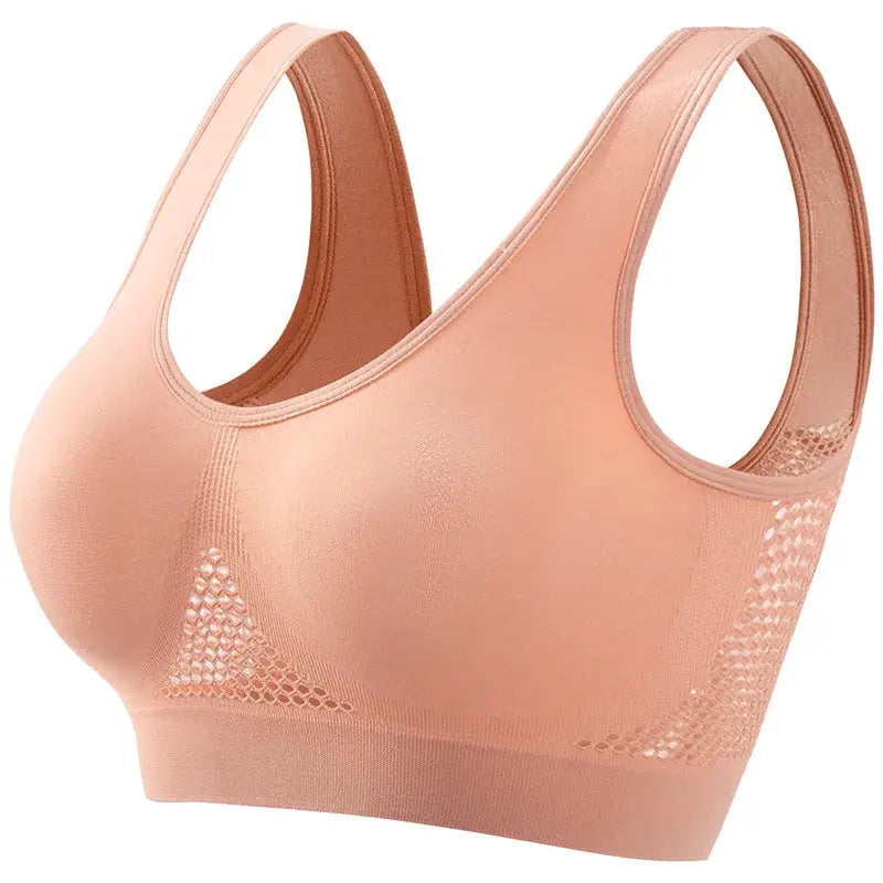 Women's plus-size breathable mesh sports bra, seamless non-wire, no pads, peach nude