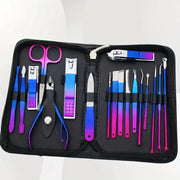 Manicure and pedicure kit, 9–18pc stainless steel set with gradient blue-pink handles in travel case