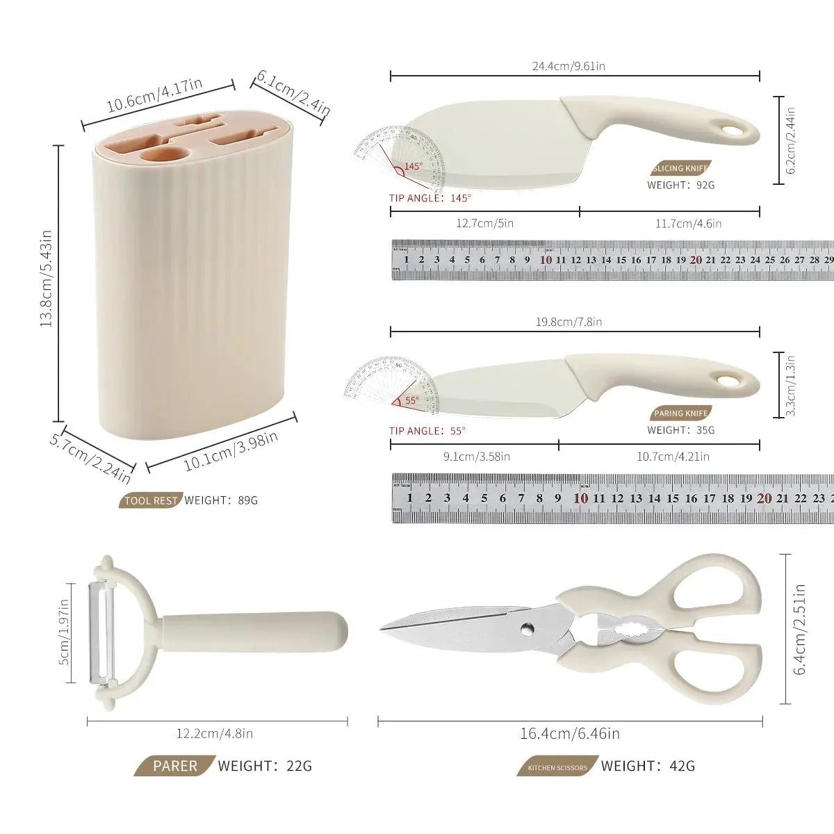Stainless Steel Kitchen Knife And Scissors Five Piece Set Including Fruit Knife Slicing Knife Melon Peeler Knife Holder