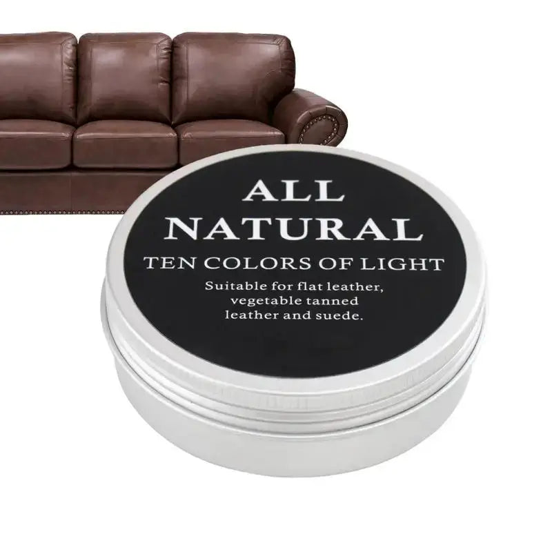 Leather care cream tin and brown leather sofa; two items, all-natural formula for leather shoes, bags, car interiors