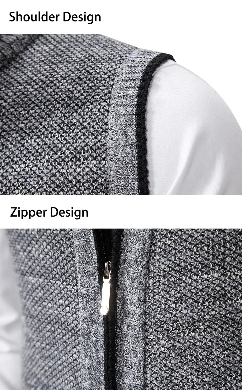 Simples Market men's grey knitted zip vest sleeveless with stand collar.