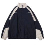 Simples Market hip hop varsity windbreaker jacket in black with beige color-block sleeves, zip front.