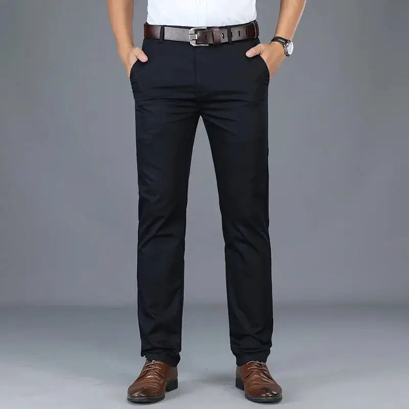 Men's black straight-leg business casual pants with stretch, size 28–40