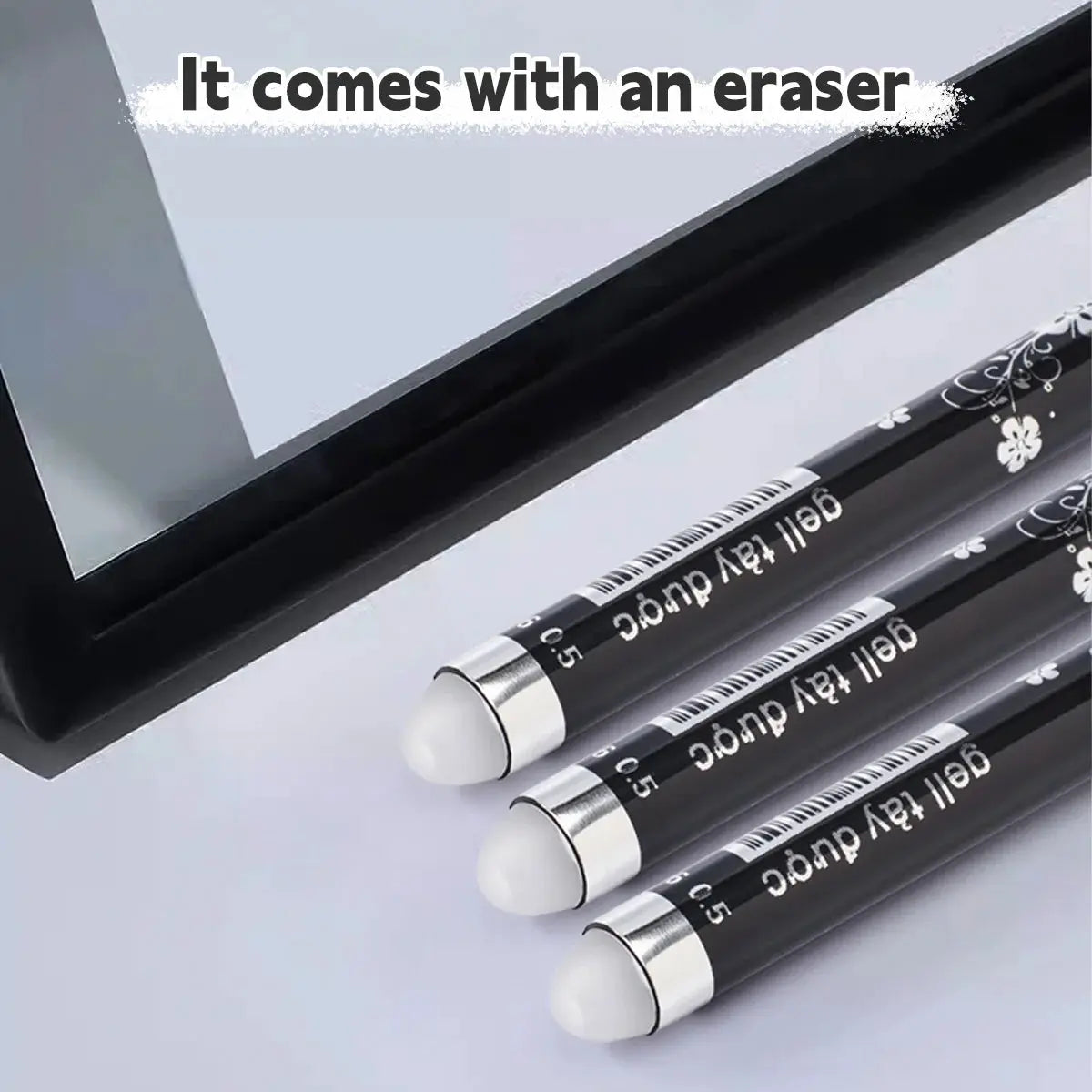 Kawaii erasable gel pens set, three black pens with white floral accents, 0.5mm waterproof gel ink