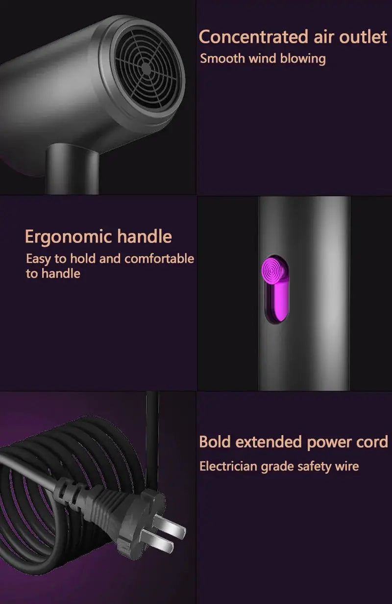 New High-Speed Hair Dryer with ergonomic handle, purple power switch, and concentrated air outlet.