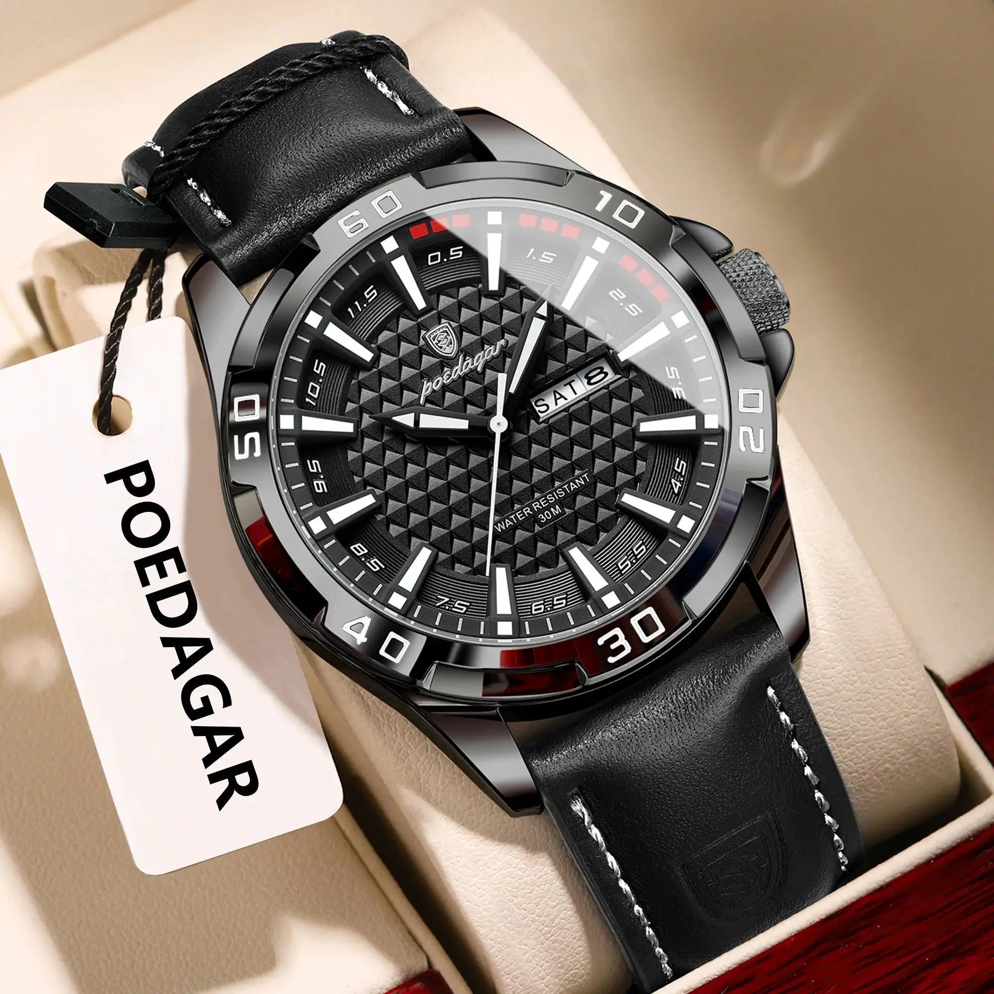 POEDAGAR Original Mens Luxury Waterproof Quartz Watch With Leather Strap Luminous Hands Date And Week Display