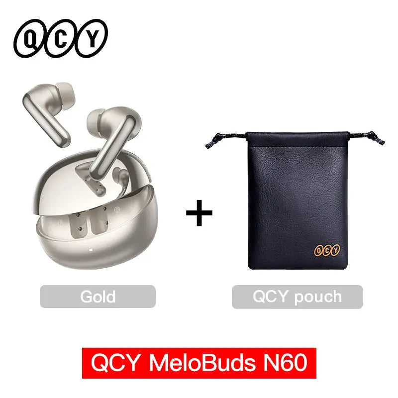 QCY MeloBuds N60 wireless earphones in gold with charging case and QCY pouch (2-item set)