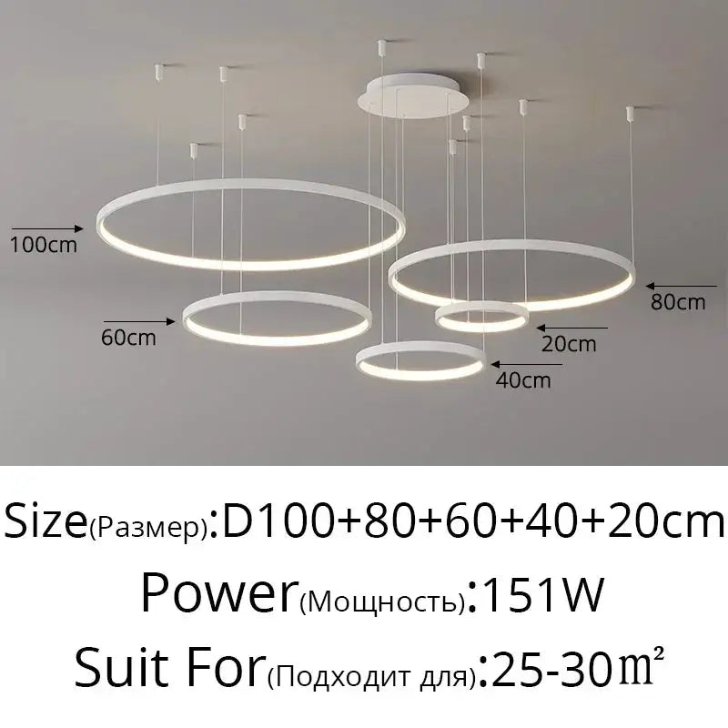 Minimalist acrylic LED pendant chandelier with five white circular rings by Simples Market (D100, D80, D60, D40, D20cm) for living room or restaurant