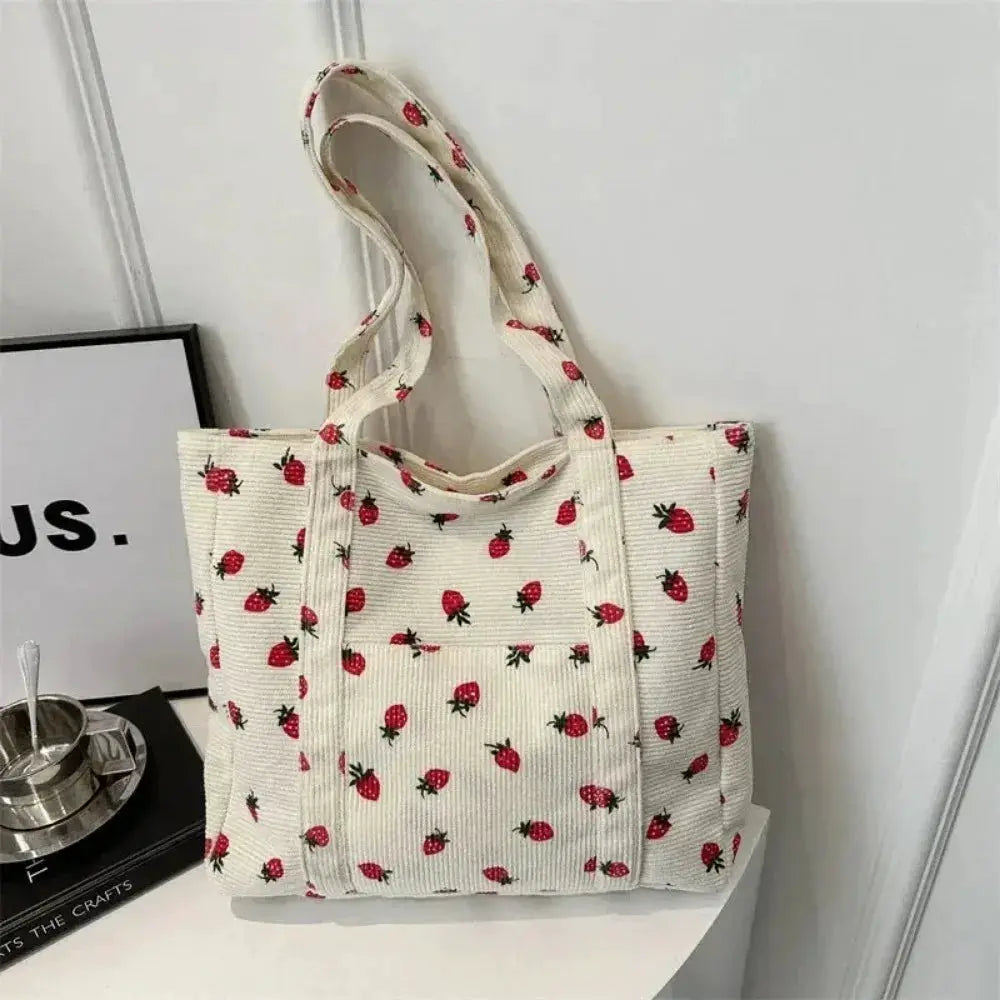 BerryCo Corduroy Strawberry Bucket Tote Bag Durable Canvas Daily Commute Large Capacity