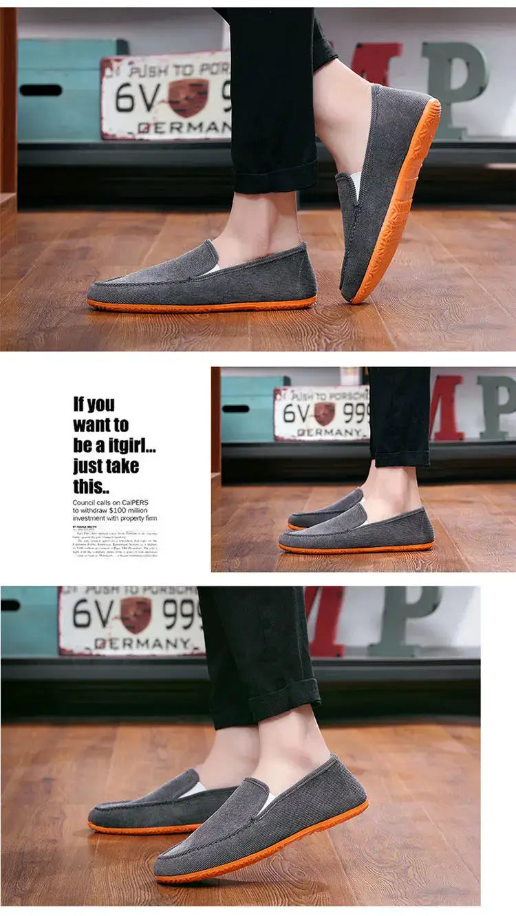 Men's gray fabric slip-on loafers with orange sole, driving-style casual moccasins
