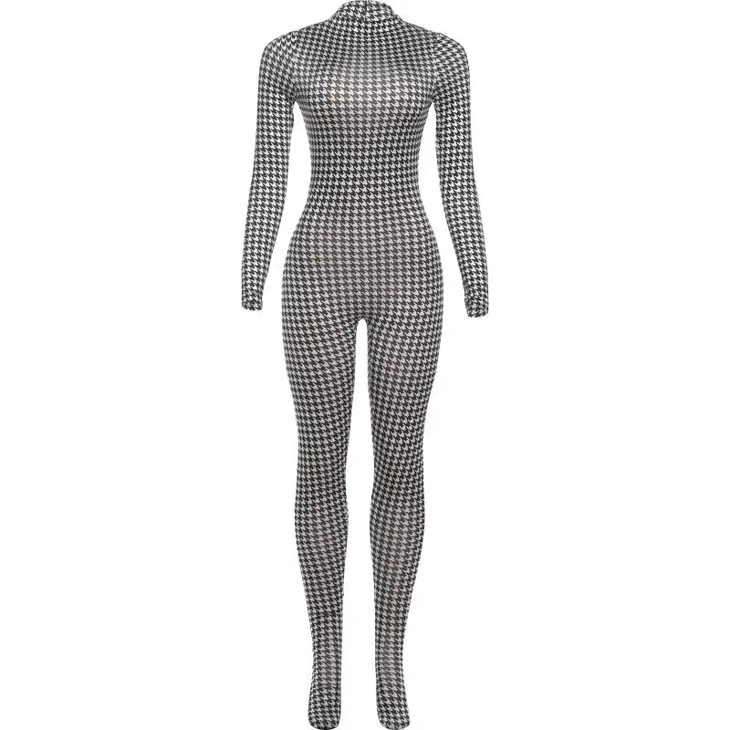 Sisterlinda jumpsuit, houndstooth print, turtleneck, long sleeves, skinny full-length fit