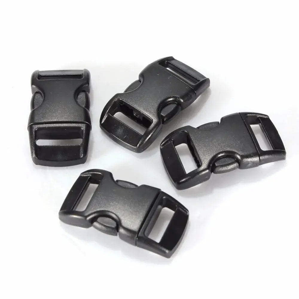 Black plastic curved side-release buckles for 10mm (3/8 inch) paracord bracelets, set of 4
