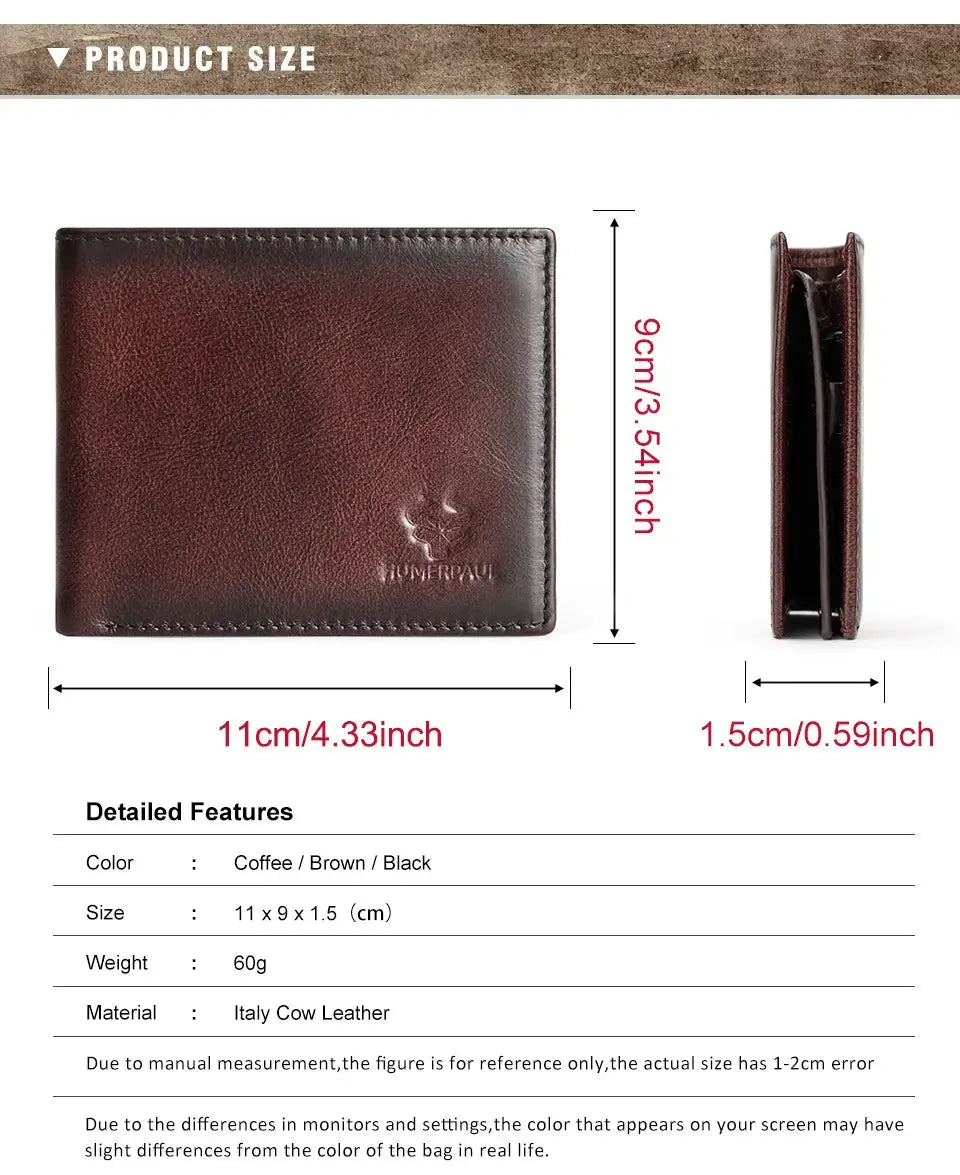 KAVIS handmade men's wallet in brown genuine leather with RFID card holder and ID window