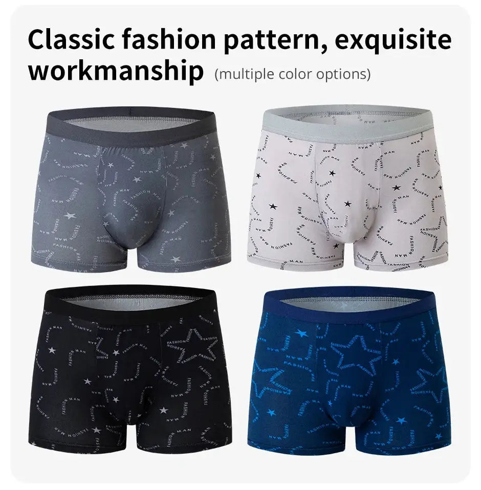 Simples Market men's printed trunk underwear 4-pack: gray, white, black, and blue with star pattern and elastic waistbands