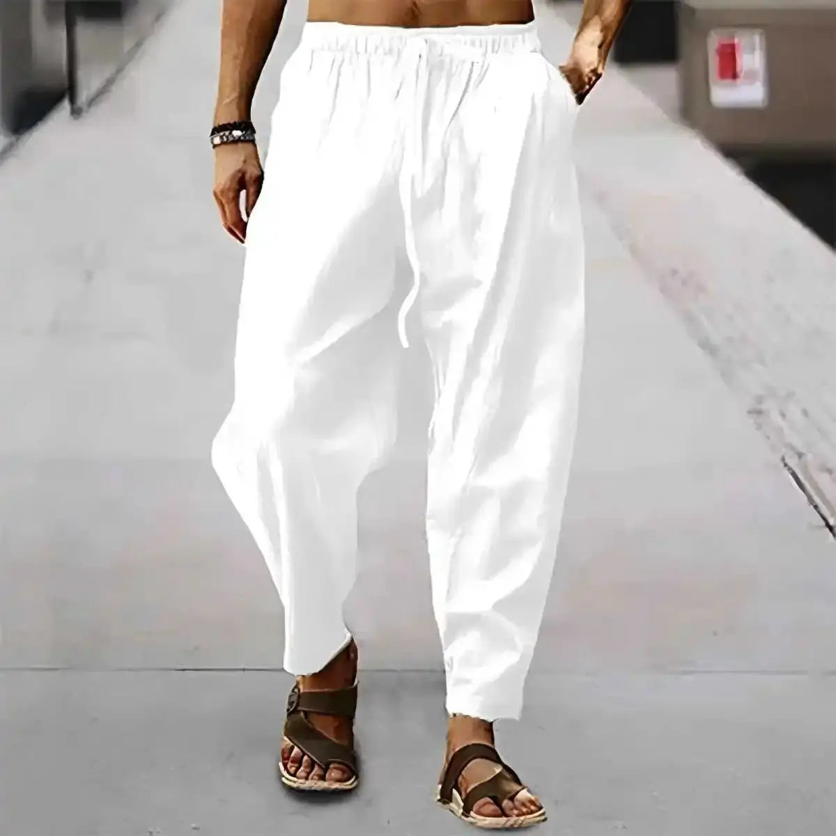 New Men's Cotton Linen Pants Summer and Autumn High Waist Wide Leg Trousers Breathable Casual Loose Fit