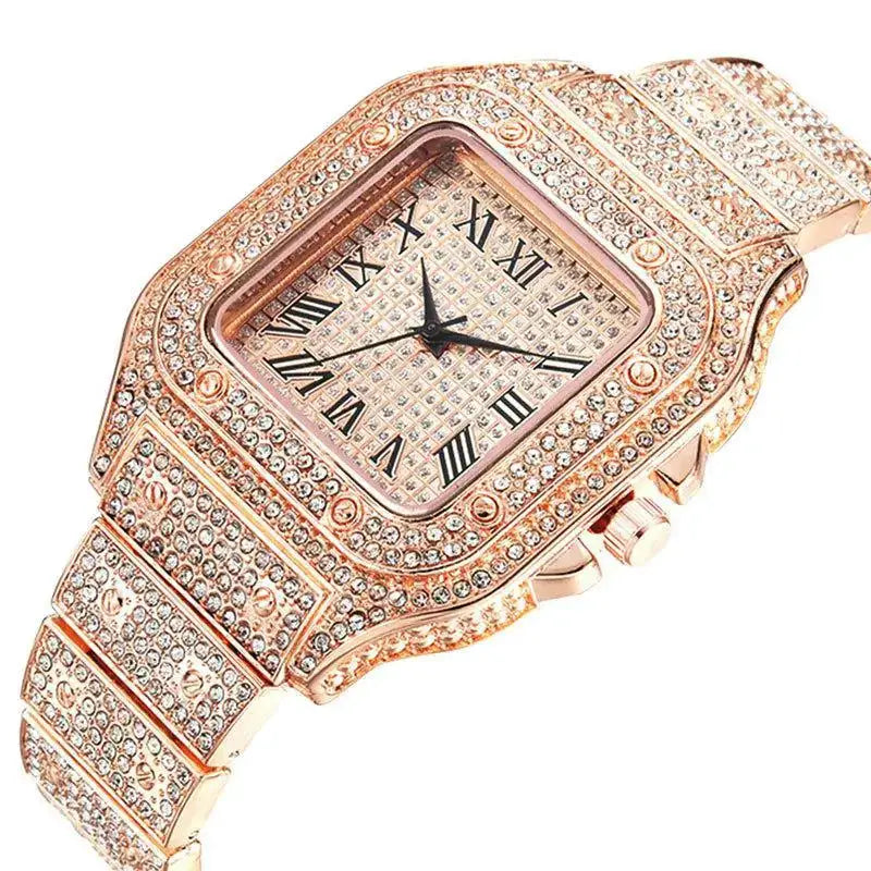 Diamond-studded rose gold luxury watch with Roman numerals and square bezel.