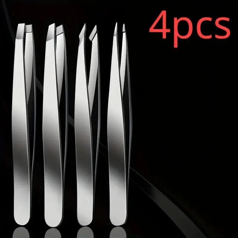 4 Piece Professional Tweezers Set For Eyebrow Hair Removal And Splinter Extraction Stainless Steel