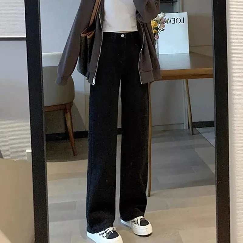Womens Vintage Wide Leg Jeans High Waist Denim Pants Black Grey Blue