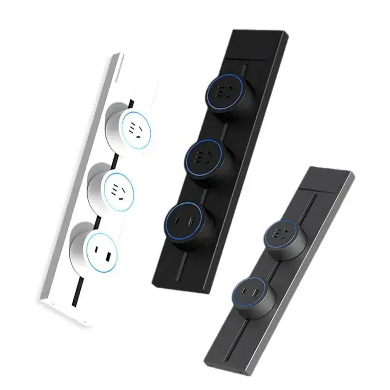 Simples Market three-track wall outlet with USB Type-C, surface-mounted removable rail units in black and white