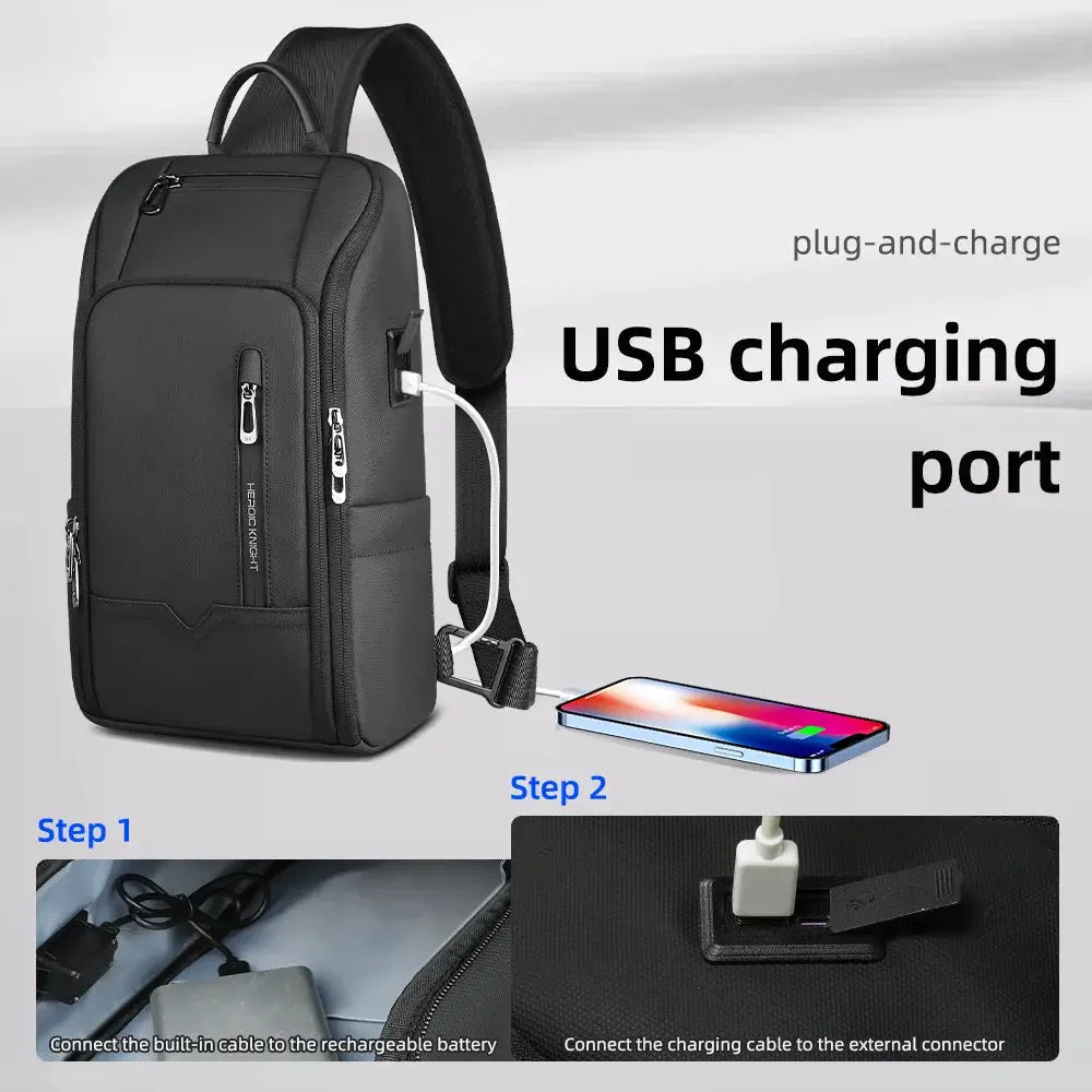 Simples Market HK anti-theft men's shoulder bag, black Oxford crossbody with USB charging port and multiple pockets