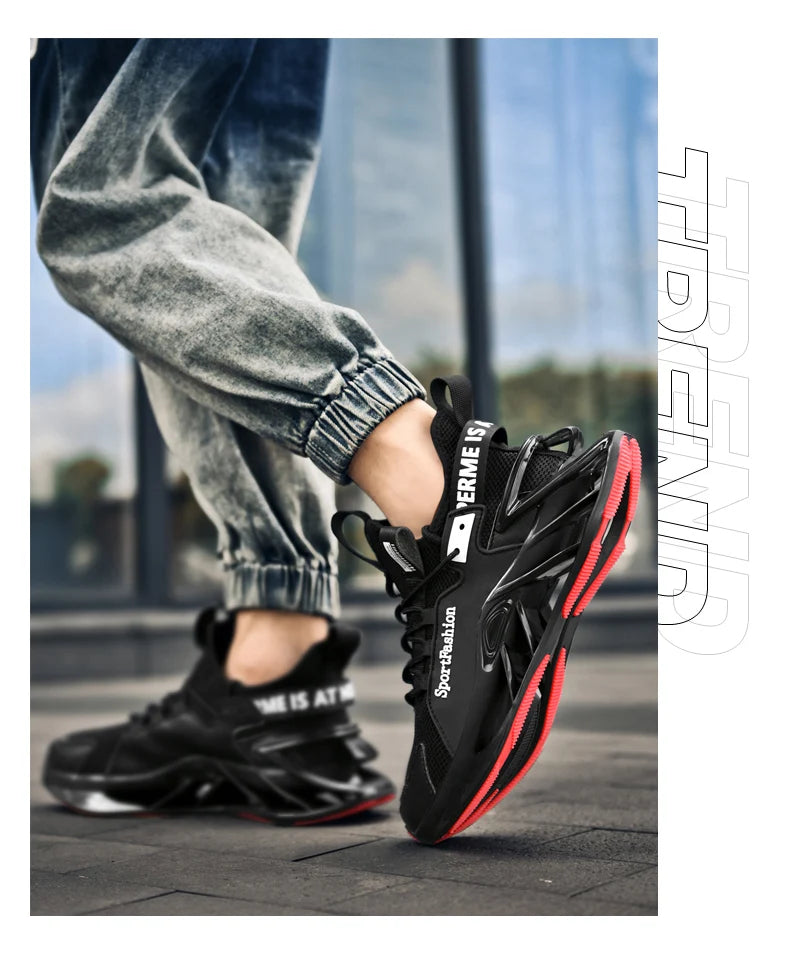 Two men's black athletic sneakers with red outsoles, casual running shoes