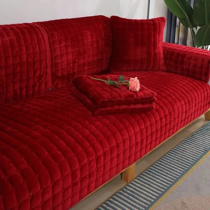 Velvet red plaid sofa cover with plush non-slip thickened flannel for living room