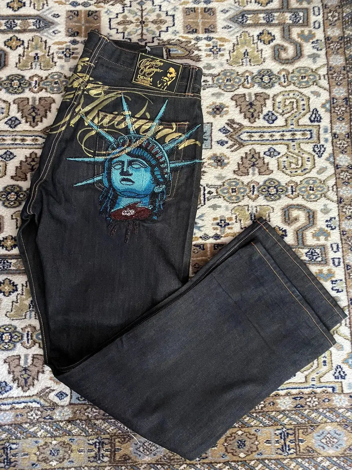 Y2K Baggy Wide Leg Jeans Embroidered Buddha Harajuku High Waist Denim