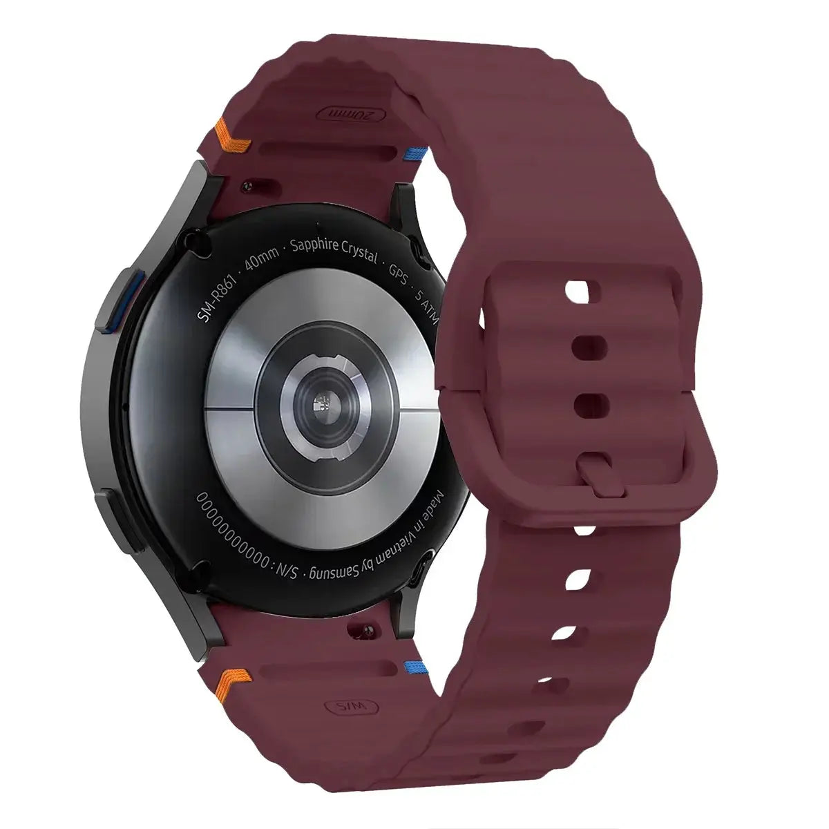 Original silicone watch band for Samsung Galaxy Watch series in burgundy; fits 40/44/43/47/45mm