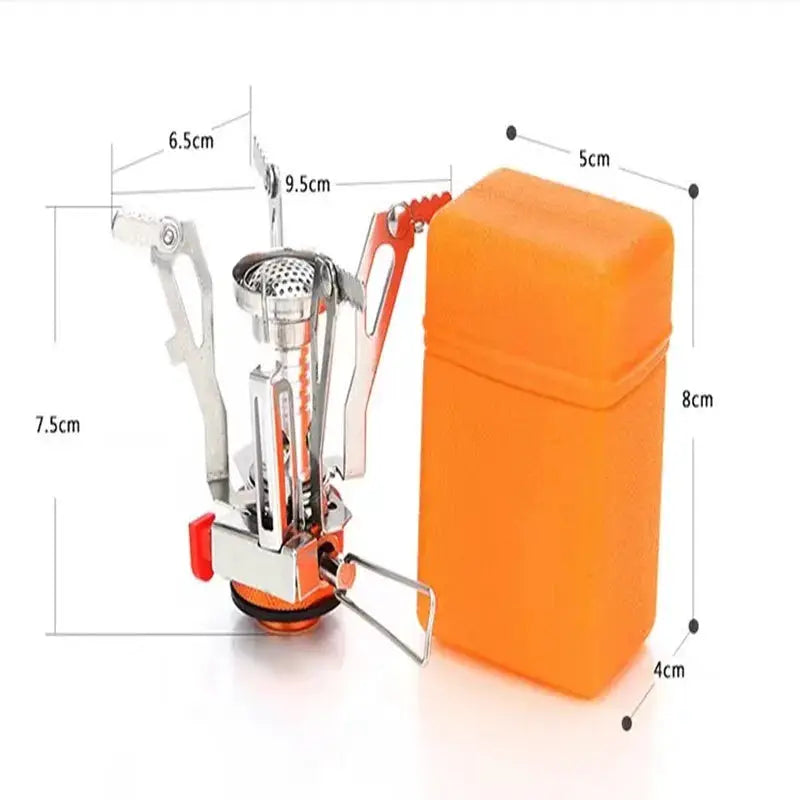 Gas camping stove by Simples Market with aluminum alloy frame and orange carrying case.